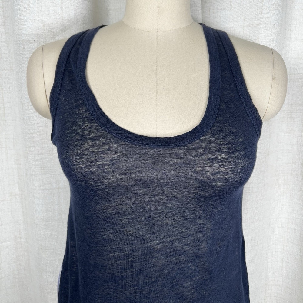 J Crew Mixed Media Sleeveless Tank Top Blue Striped Linen Front Silk back XXS
